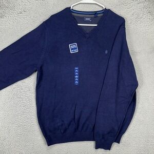 Izod Adult Mens V-Neck‎ Sweater XL Navy Blue Knit Pullover Long Sleeve Logo NEW